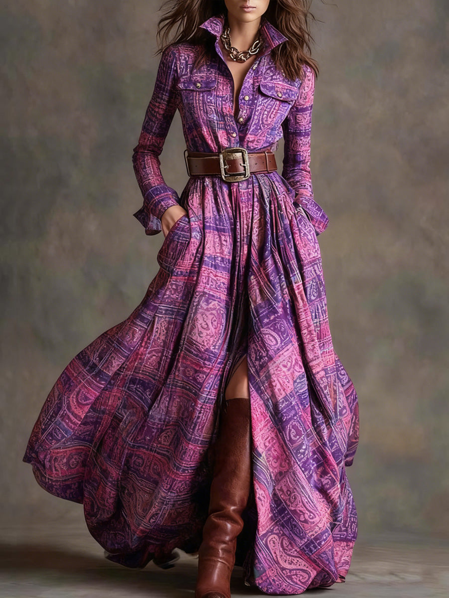 Retro Paisley Art Texture Printed V-Neck Vintage Pocket-Style Long Sleeve Maxi Dress